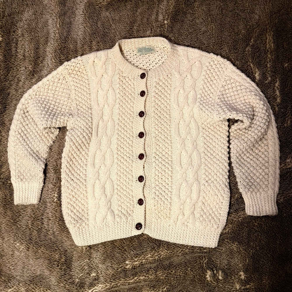 100% Donegal wool  hand knit Aran cable knit cardigan, medium.